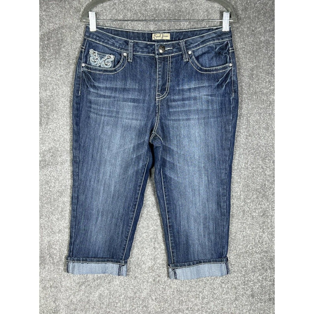 Earl Cuffed Capri Jeans Womens Size 10 Stretch Blue Denim‎ BLING